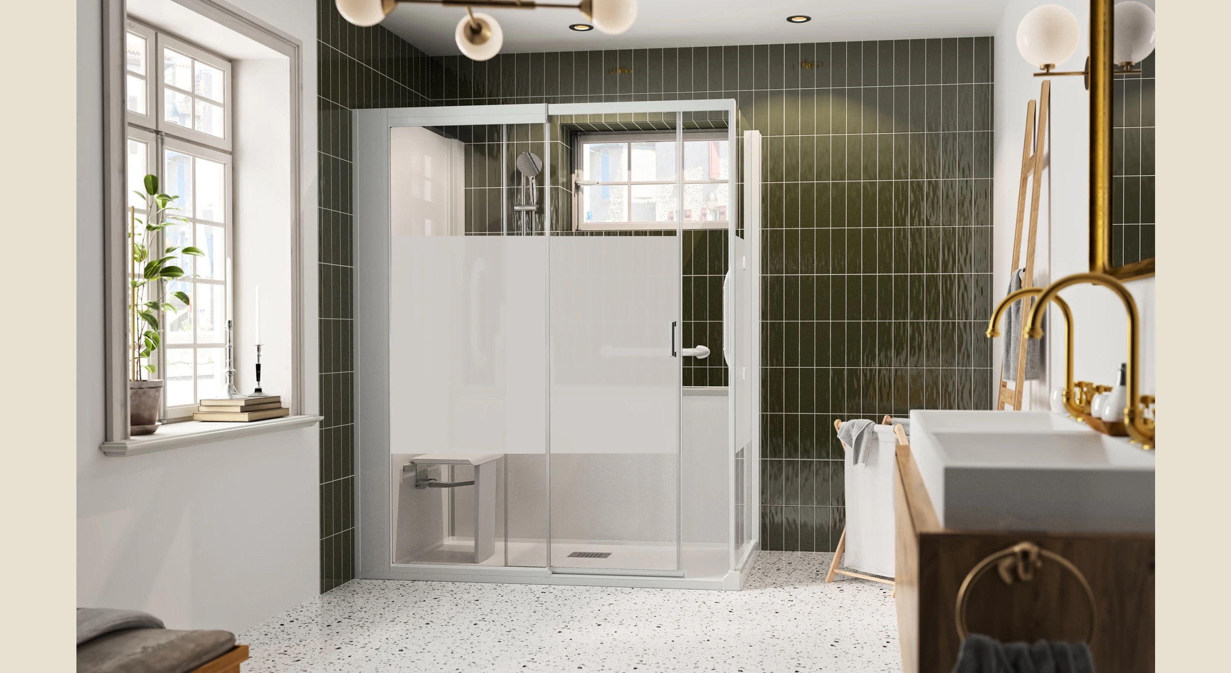 Douche sécurisée : accès facile, barre de maintien, siège rabattable